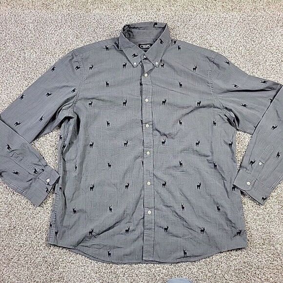 Chaps Shirt Mens 2XL Gray Long Sleeve Button Down Charcoal All Over Deer… - Picture 1 of 7